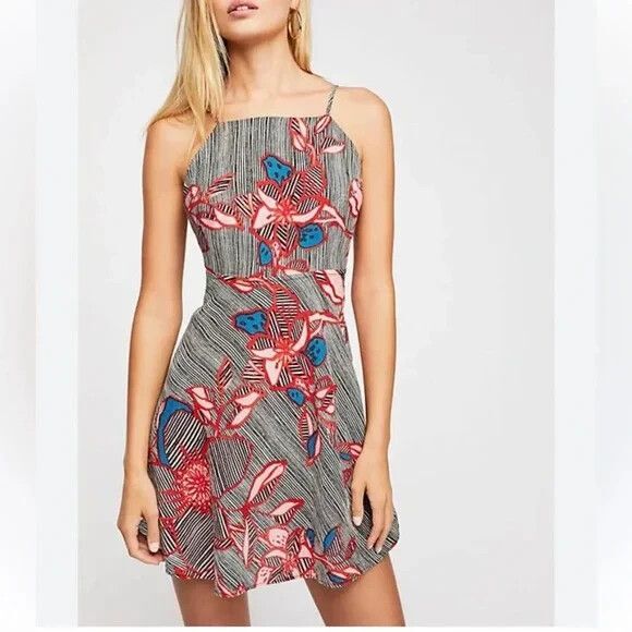 Free People Mini Slip Dress Womens 0 Floral Striped 100% Cotton Fairy Summer - Picture 13 of 13